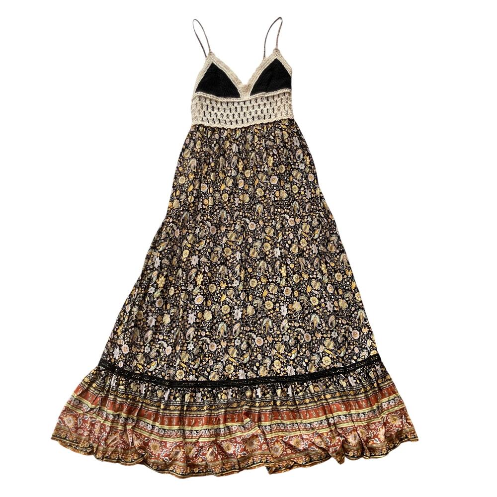 Forever 21 Floral Bohemian Crochet Top Maxi Dress Size S Tiered Ruffle Hem